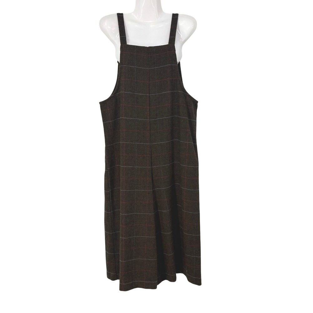 Y2K Brown Herringbone Plaid Wide Leg Pinafore Jumpsuit M Gaucho Retro Academia